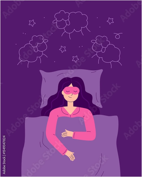 Obraz A young woman is sleeping in a bed with a sleep mask and dreams. illustration in a cartoon flat style.