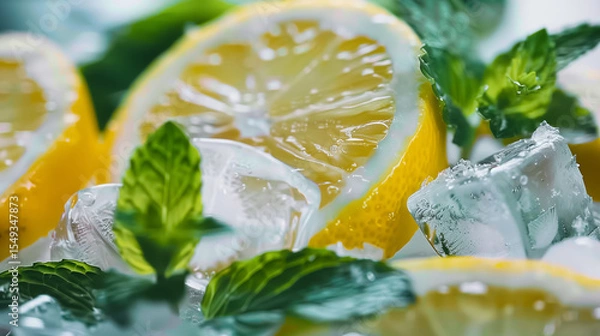 Obraz Macro Fresh Citrus and Mint: Close-Up of Textured Lemon Slices, Glossy Ice Cubes, and Fragrant Mint Leaves in Soft Natural Light, Creating a Refreshing Summer Atmosphere