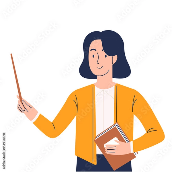 Obraz A smiling woman teacher with a pointer and a book in her hands in a cartoon flat style. The illustration is isolated on a white background.