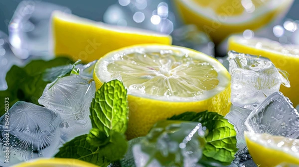 Obraz Macro Fresh Citrus and Mint: Close-Up of Textured Lemon Slices, Glossy Ice Cubes, and Fragrant Mint Leaves in Soft Natural Light, Creating a Refreshing Summer Atmosphere