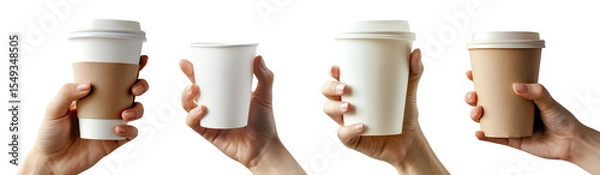 Fototapeta Mockup hand holding plain white and brown paper cup for hot coffee without logo isolated on a transparent background for product presentation or design overlay.