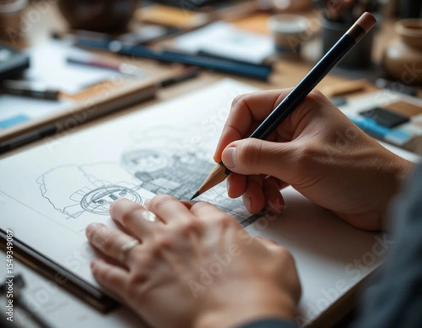 Fototapeta Close-up of hands sketching on paper with a pencil, blurred art supplies in background
