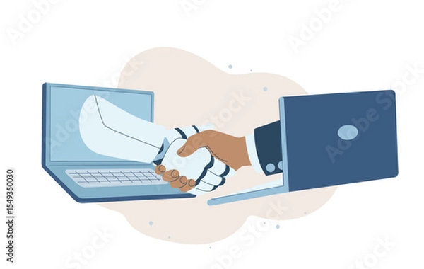 Fototapeta Handshake of man and robot, Robotic AI and businessman shaking hands, Online collaboration between humans and artificial intelligence, Modern technology. Flat design vector illustration.