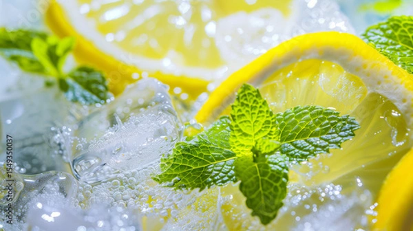 Obraz Macro Fresh Citrus and Mint: Close-Up of Textured Lemon Slices, Glossy Ice Cubes, and Fragrant Mint Leaves in Soft Natural Light, Creating a Refreshing Summer Atmosphere