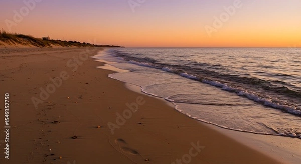 Obraz Serene Sunset Beachscape: Tranquil Coastal Scene at Dusk
