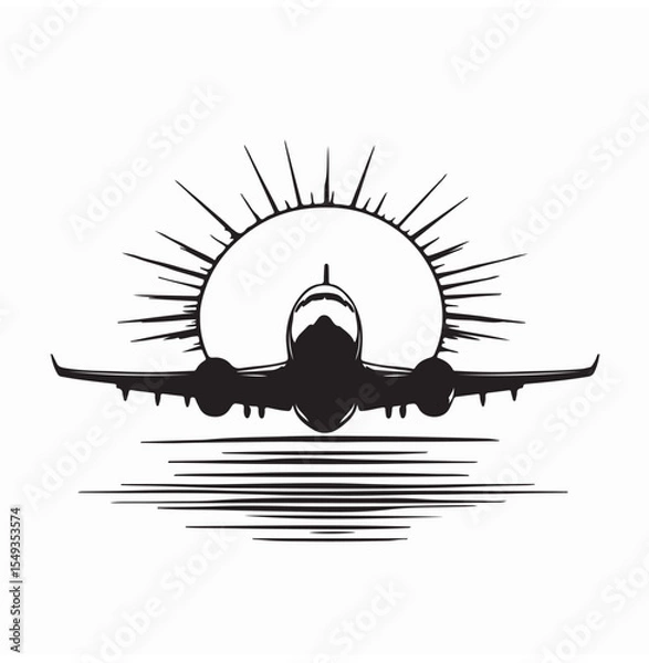 Obraz Airplane Soaring Against the Horizon During a Stunning Sunset Sky in the Distance