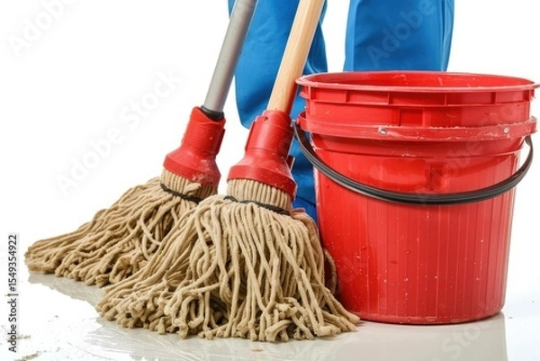Obraz cleaners legs, mop and bucket with cleaning equipment isolated on white background
