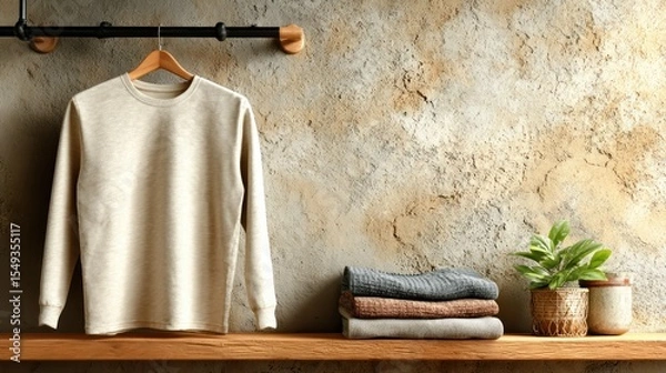 Fototapeta Beige sweatshirt on wooden shelf