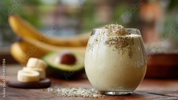 Fototapeta Avocado banana smoothie with chia seed sprinkle on a softly blurred loft apartment kitchen background under natural light