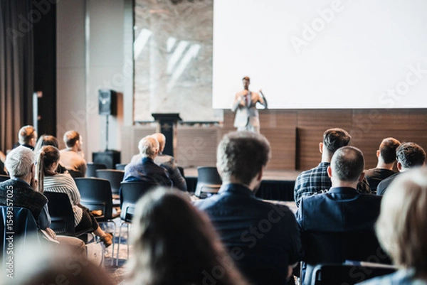 Fototapeta Speaker giving a talk in conference hall at business event. Rear view of unrecognizable people in audience at the conference hall. Business and entrepreneurship concept