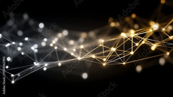 Fototapeta Network of Glowing Nodes and Lines on Black Background
