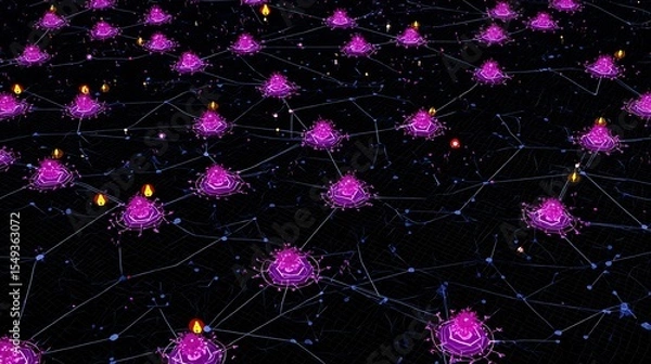 Fototapeta Network of Purple Nodes with Light
