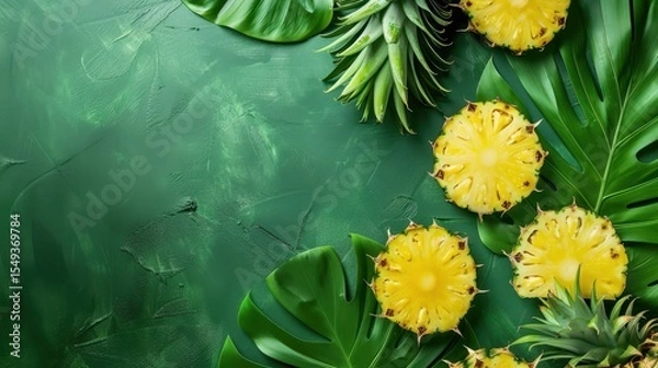 Obraz Fresh pineapple on a bright colorful background, tropical exotic fruit.