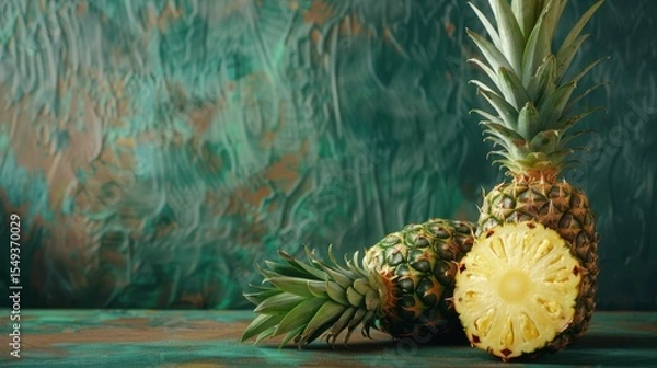 Obraz Fresh pineapple on a bright colorful background, tropical exotic fruit.