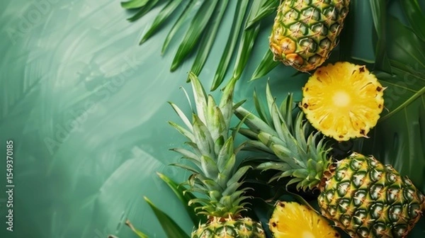 Obraz Fresh pineapple on a bright colorful background, tropical exotic fruit.