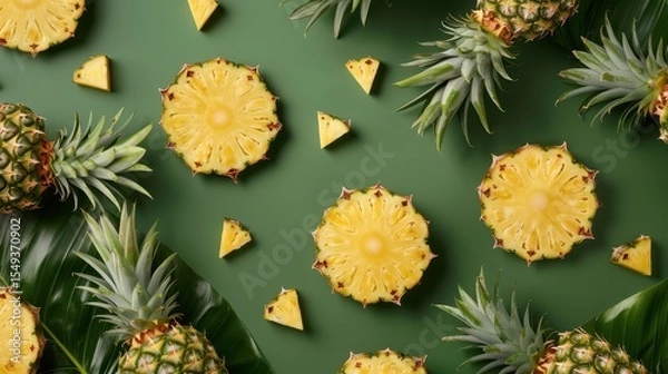 Obraz Fresh pineapple on a bright colorful background, tropical exotic fruit.