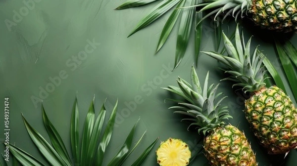Obraz Fresh pineapple on a bright colorful background, tropical exotic fruit.
