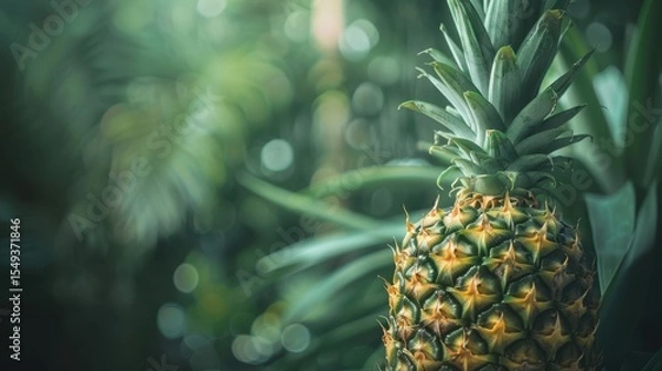 Obraz Ripe pineapple with green leaves placed on vibrant backdrop, summer concept.