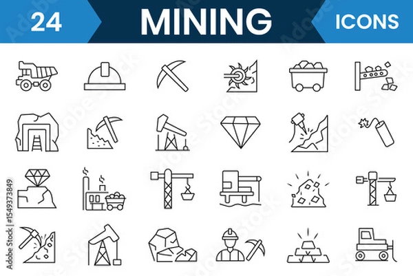 Fototapeta Mining icon set collection. Set of Mining outline icon, vector symbol, Diamond, gold, mine, ore, pickaxe, coal wagon and more. Vector illustration.