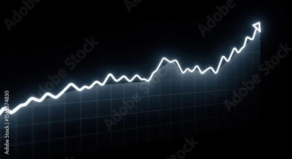 Fototapeta White glowing financial graph with an upward trend line on a dark background. Business growth chart for market analysis.