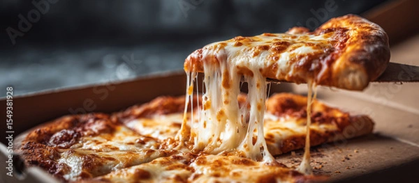 Obraz Pizza slice with melting cheese pulled from box banner