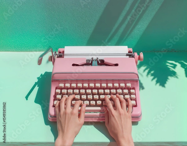 Obraz Hands typing on a pastel pink vintage typewriter placed on a mint green desk, with warm sunlight. Summertime, nostalgic, creativity retro background.