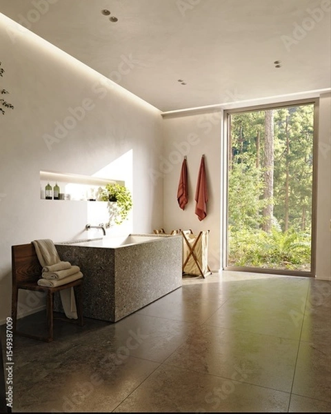 Fototapeta Modern bathroom interior with terrazzo bathtub and large window overlooking a lush forest, 3d rendering for architectural concept