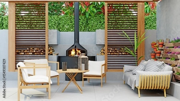 Fototapeta Cozy outdoor patio with modern furniture and fireplace. Comfortable lounge area for relaxation and entertaining. 3d rendering.