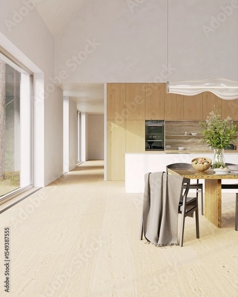 Fototapeta Modern home interior with kitchen, dining area and floor to ceiling window for renovation background. 3d rendering.
