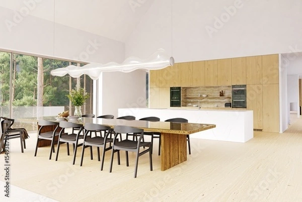 Fototapeta Modern home interior with open kitchen and dining area, featuring a long wood table and large windows. 3d rendering for architectural design and real estate.