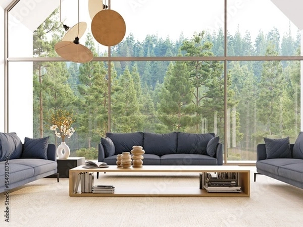 Fototapeta Modern living room with large window overlooking forest. Minimalist interior design with blue sofa. Bright space for relaxation.