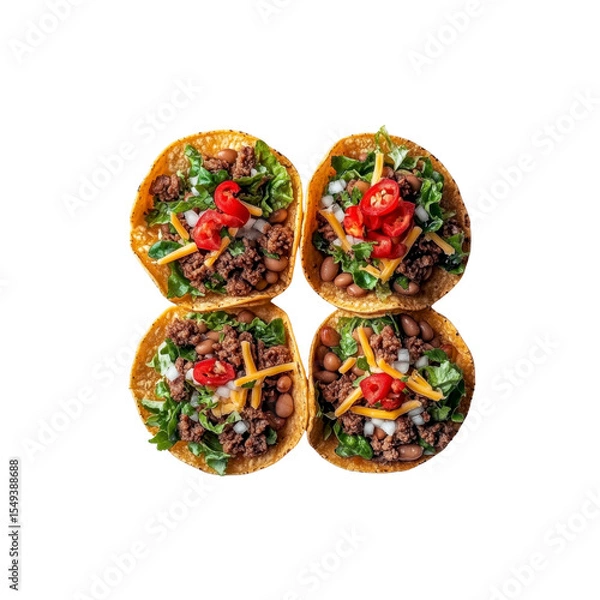 Fototapeta Four Delicious Mini Tacos with Ground Beef, Beans, Cheese, and Lettuce