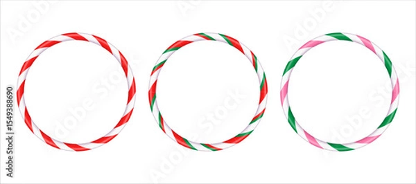 Fototapeta Round empty frames in the form of Christmas candy striped cane, place for text. Holiday banner xmas . Vector illustration isolated, on white background