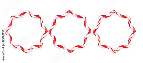 Fototapeta Curly wavy empty frames in the form of Christmas candy striped cane, place for text. Holiday banner. Vector illustration isolated, on white background