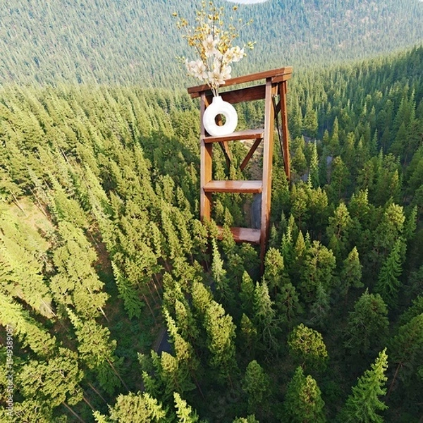 Fototapeta Wooden staircase with flowers and vase above forest, abstract concept of ecological sustainability and nature connection for environmental awareness.