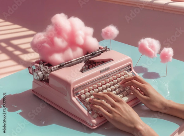 Obraz Woman's hands typing on retro typewriter placed on a pastel blue desk, with pink cotton candy clouds bursting out. Dreamy, inspirational writing, nostalgic, creativity retro background.