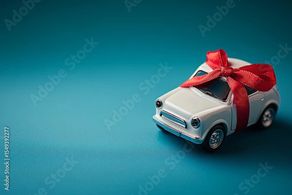 Obraz A white toy car with a red ribbon bow, ready as a gift