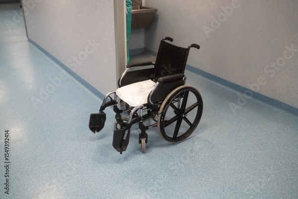 Fototapeta Empty wheelchair in hospital corridor