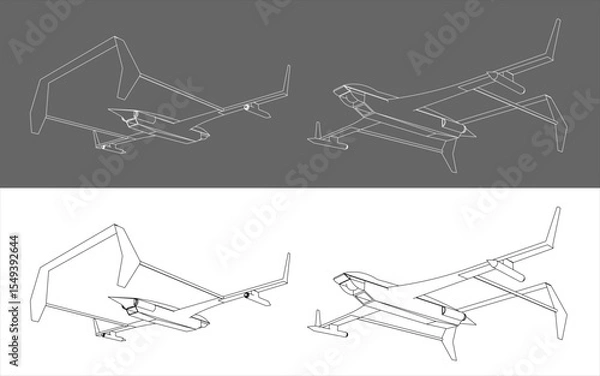 Fototapeta Isometric view Military Drone blueprint line technical drawing on isolated background