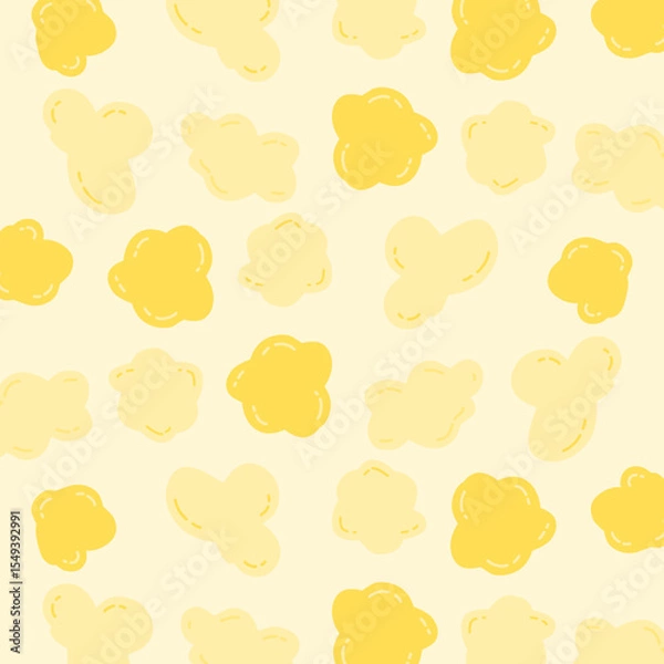 Fototapeta Seamless cartoon popcorn pattern with hand-drawn, irregular shapes in soft yellow tones. Suitable for snack packaging, textile design, or children’s backgrounds.