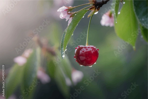 Obraz A single ripe cherry with water droplets hanging from a branch