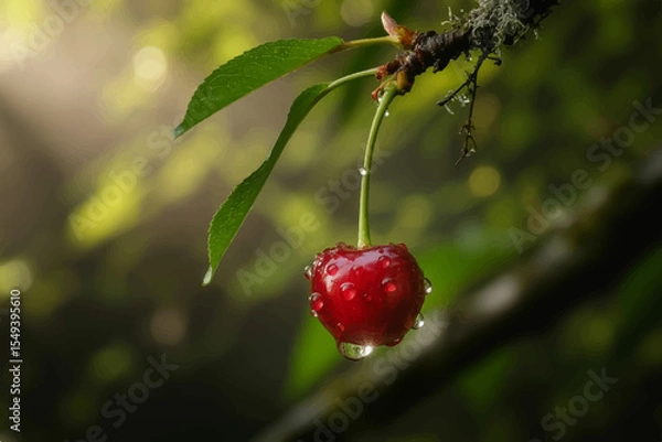 Obraz A single, ripe cherry hanging from a branch, glistening with water droplets.
