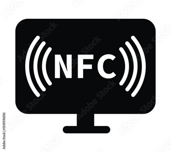 Fototapeta Minimalist black and white circular NFC icon with radio wave symbol. Clean, geometric design on white background. Flat, modern, and technical style ideal for tech and UI concepts.