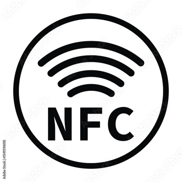 Obraz Minimalist black and white circular NFC icon with radio wave symbol. Clean, geometric design on white background. Flat, modern, and technical style ideal for tech and UI concepts.