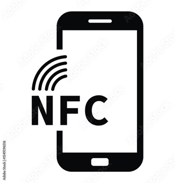 Fototapeta Minimalist black and white graphic of a smartphone with "NFC" on screen and wireless signal waves, symbolizing Near Field Communication technology in a clean, modern style.