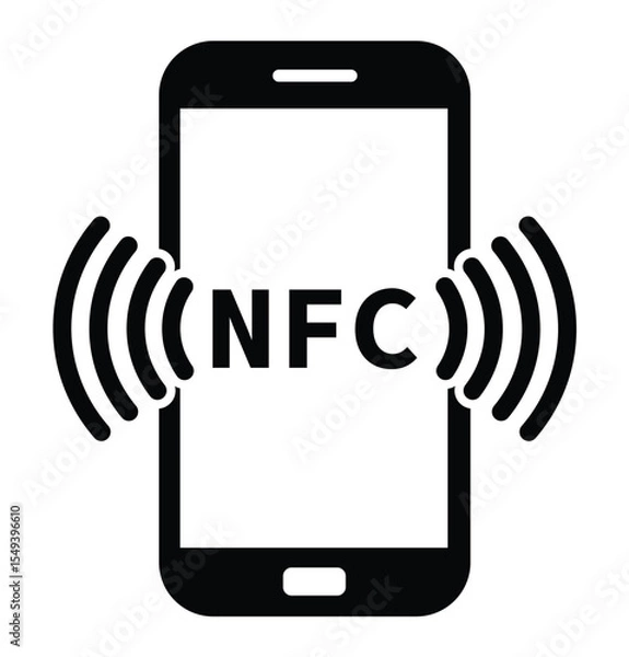 Fototapeta Minimalist black and white graphic of a smartphone with "NFC" on screen and wireless signal waves, symbolizing Near Field Communication technology in a clean, modern style.