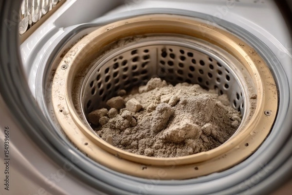 Fototapeta A perforated metal drum within a white appliance holds a mound of grey granular material