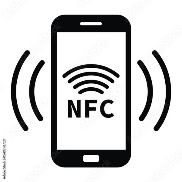 Fototapeta Minimalist black and white graphic of a smartphone with "NFC" on screen and wireless signal waves, symbolizing Near Field Communication technology in a clean, modern style.