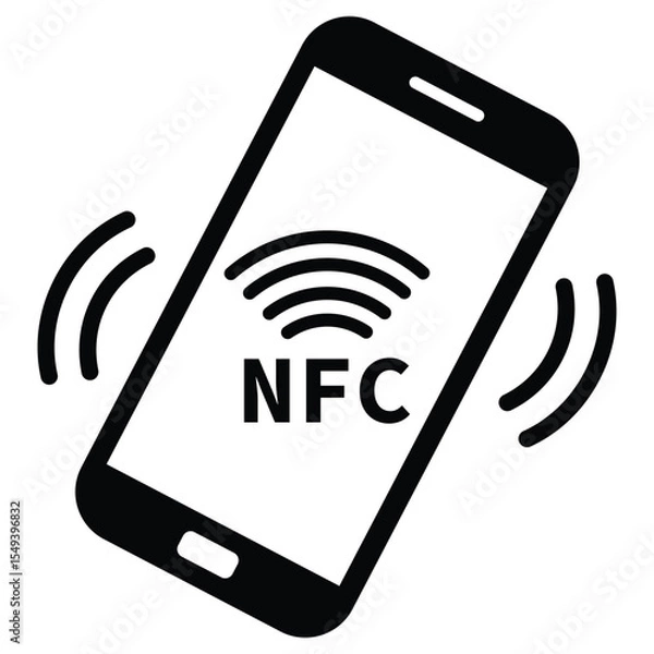 Fototapeta Minimalist black and white graphic of a smartphone with "NFC" on screen and wireless signal waves, symbolizing Near Field Communication technology in a clean, modern style.