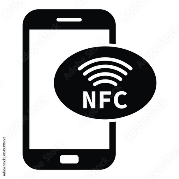 Fototapeta Minimalist black and white graphic of a smartphone with "NFC" on screen and wireless signal waves, symbolizing Near Field Communication technology in a clean, modern style.